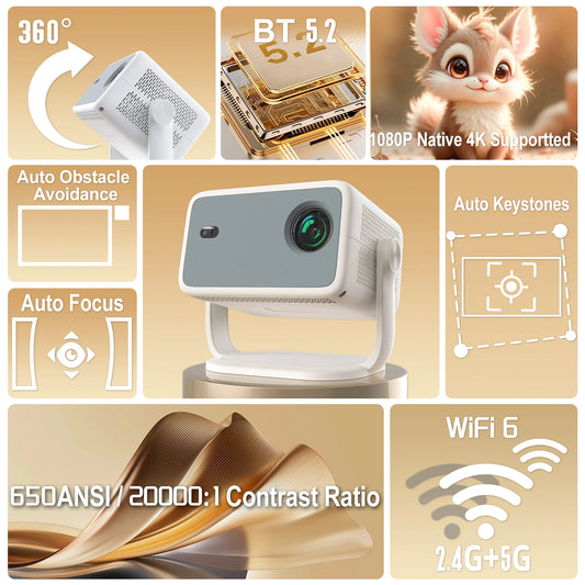 Velec Projector Compatible with Netflix 650ANSI Android 13 Portable 4K Native Wifi6 BT5.2 1080P TP350 Auto Keystone Correction