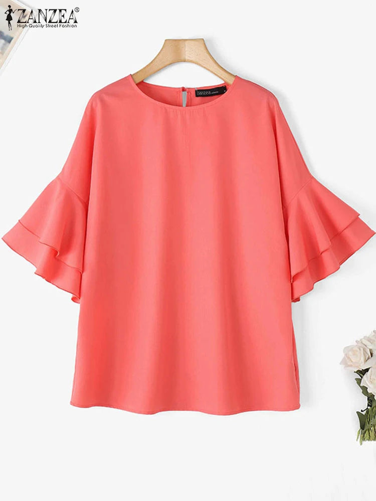 ZANZEA 2025 Fashion Summer Blouse Women Flare Sleeve Casual Tops Loose Ruffled Shirts Solid Color Elegant OL Blusas Femininas