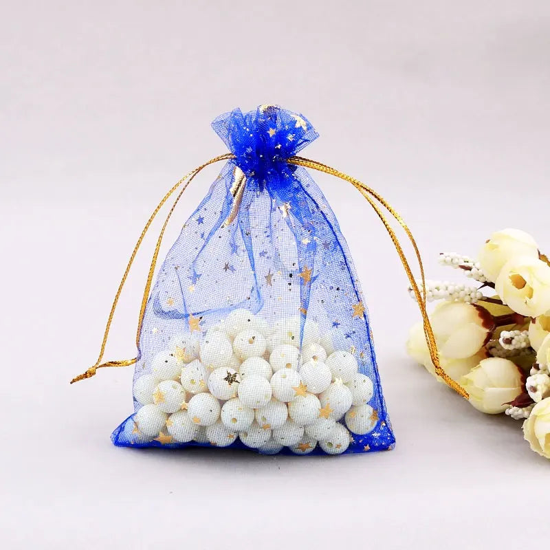100PCS Moon Stars Drawstring Organza Bags Jewelry Gift Bags Pouches Gold Star Organza Pouches for Christmas Wedding Gift Bags
