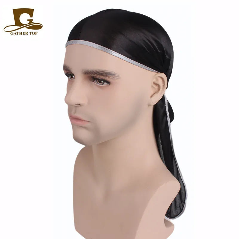 Men's Silky Durags Bandanas Turban hat Wigs Doo Men Satin Durag Biker Headwear Headband Hair Accessories Extra Long Tail Du-Rag