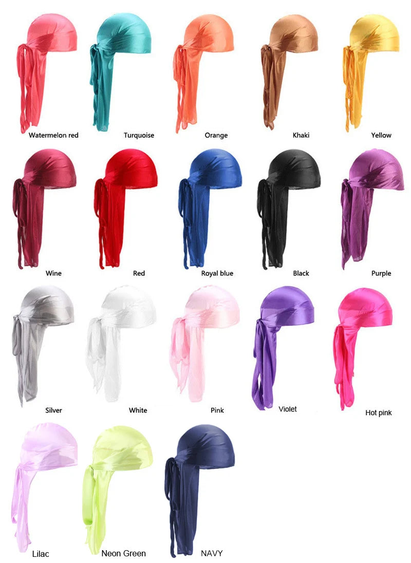 Men's Silky Durags Bandanas Turban hat Wigs Doo Men Satin Durag Biker Headwear Headband Hair Accessories Extra Long Tail Du-Rag