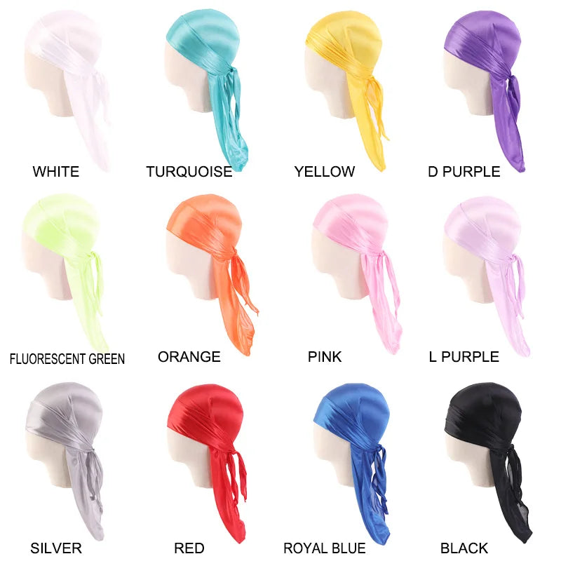 Men's Silky Durags Bandanas Turban hat Wigs Doo Men Satin Durag Biker Headwear Headband Hair Accessories Extra Long Tail Du-Rag