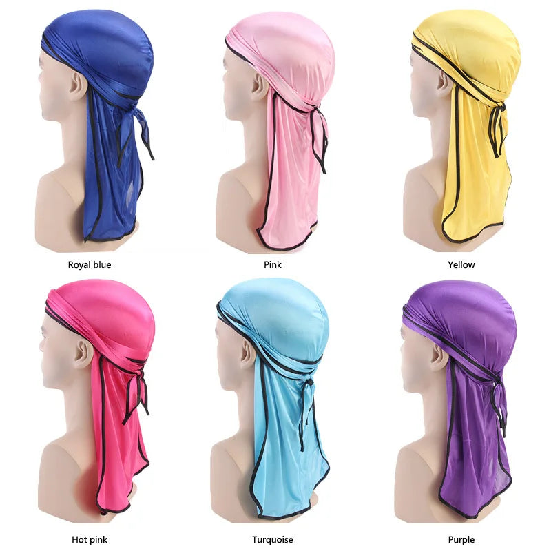 Men's Silky Durags Bandanas Turban hat Wigs Doo Men Satin Durag Biker Headwear Headband Hair Accessories Extra Long Tail Du-Rag