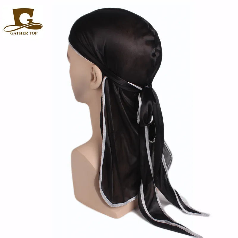 Men's Silky Durags Bandanas Turban hat Wigs Doo Men Satin Durag Biker Headwear Headband Hair Accessories Extra Long Tail Du-Rag
