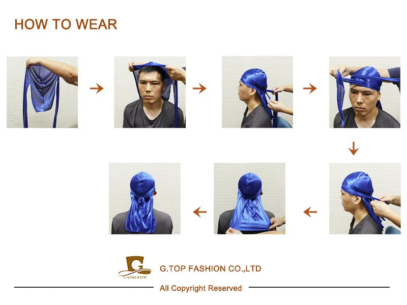 Men's Silky Durags Bandanas Turban hat Wigs Doo Men Satin Durag Biker Headwear Headband Hair Accessories Extra Long Tail Du-Rag