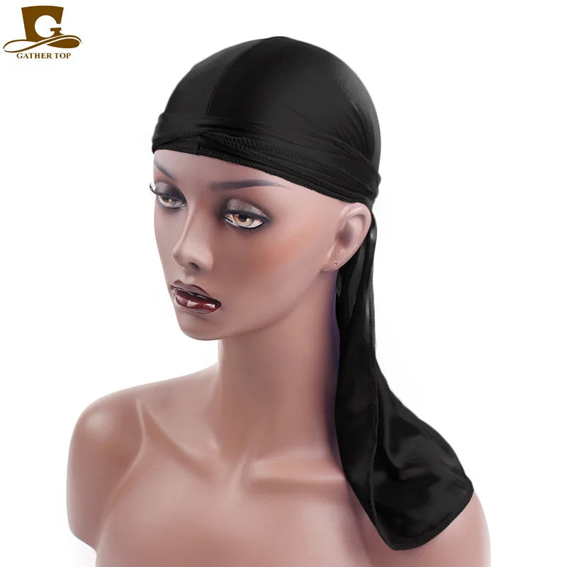 Men's Silky Durags Bandanas Turban hat Wigs Doo Men Satin Durag Biker Headwear Headband Hair Accessories Extra Long Tail Du-Rag