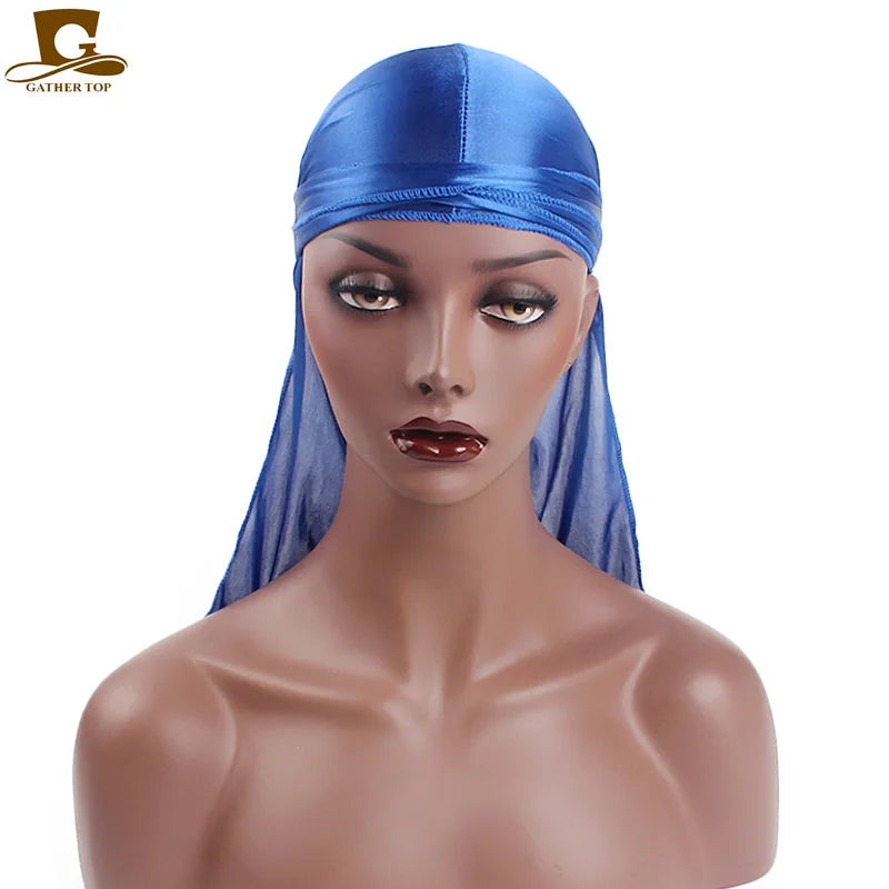 Men's Silky Durags Bandanas Turban hat Wigs Doo Men Satin Durag Biker Headwear Headband Hair Accessories Extra Long Tail Du-Rag