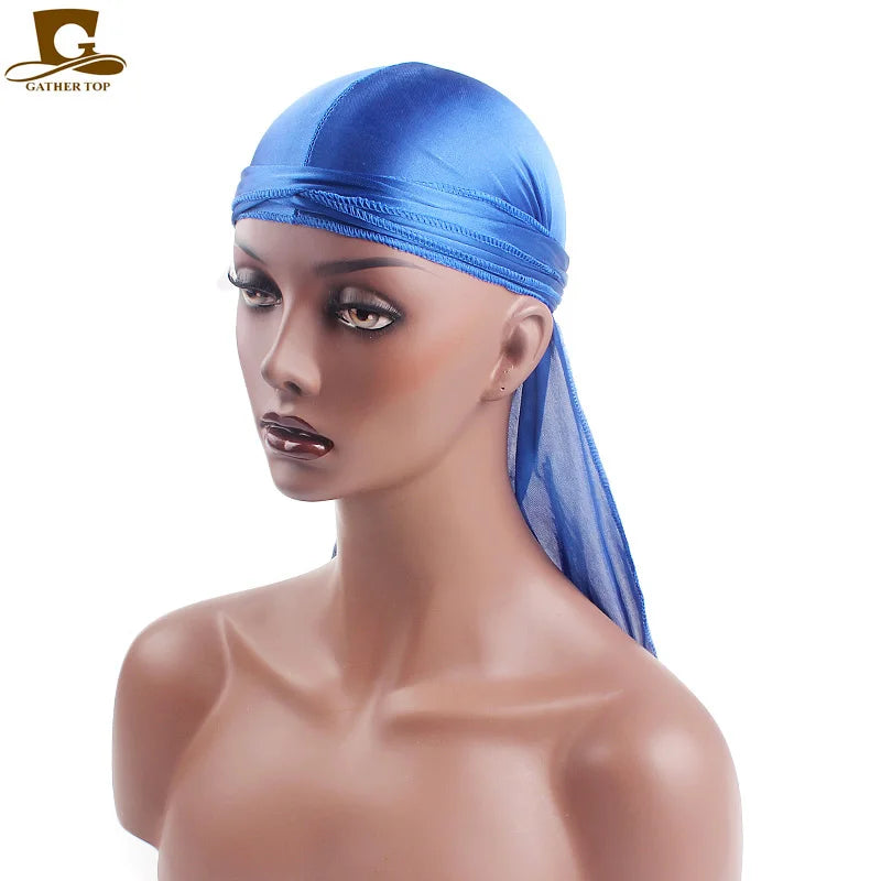 Men's Silky Durags Bandanas Turban hat Wigs Doo Men Satin Durag Biker Headwear Headband Hair Accessories Extra Long Tail Du-Rag