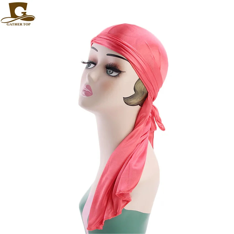 Men's Silky Durags Bandanas Turban hat Wigs Doo Men Satin Durag Biker Headwear Headband Hair Accessories Extra Long Tail Du-Rag