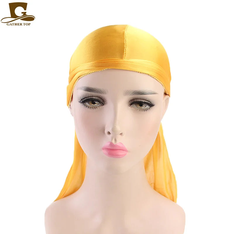 Men's Silky Durags Bandanas Turban hat Wigs Doo Men Satin Durag Biker Headwear Headband Hair Accessories Extra Long Tail Du-Rag