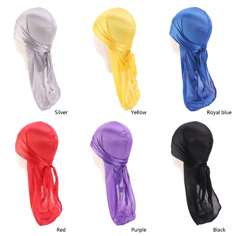 Men's Silky Durags Bandanas Turban hat Wigs Doo Men Satin Durag Biker Headwear Headband Hair Accessories Extra Long Tail Du-Rag