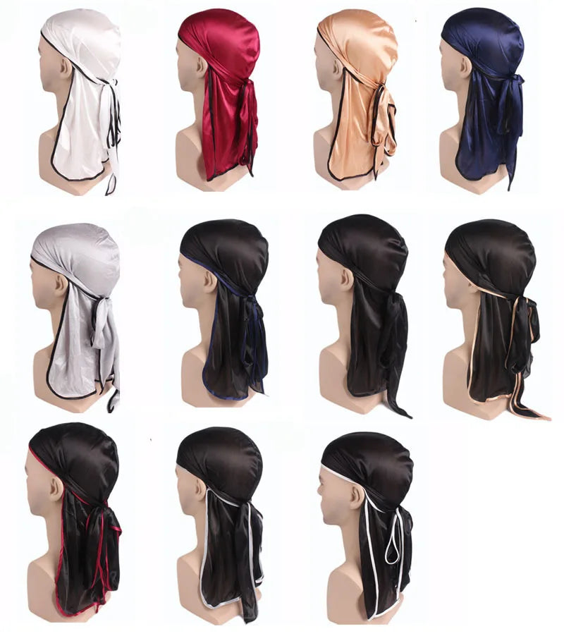 Men's Silky Durags Bandanas Turban hat Wigs Doo Men Satin Durag Biker Headwear Headband Hair Accessories Extra Long Tail Du-Rag