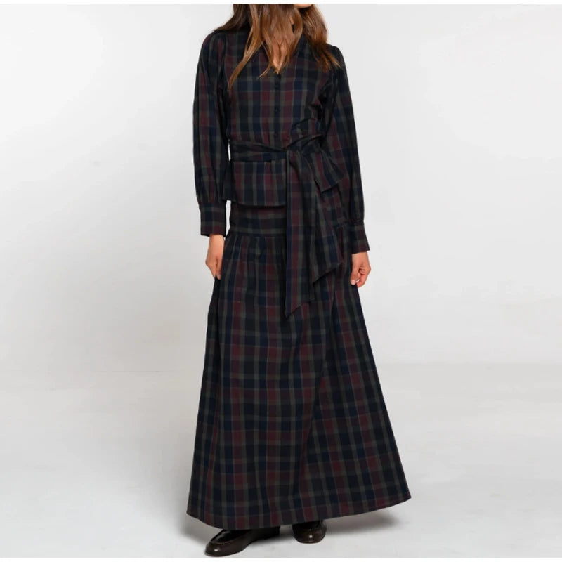 Women Chic Lace Up Checkered Skirt Suit Elegant V-neck Long Lantern Sleeve Top Long Skirts Set 2026 Spring Lady Commute outfits