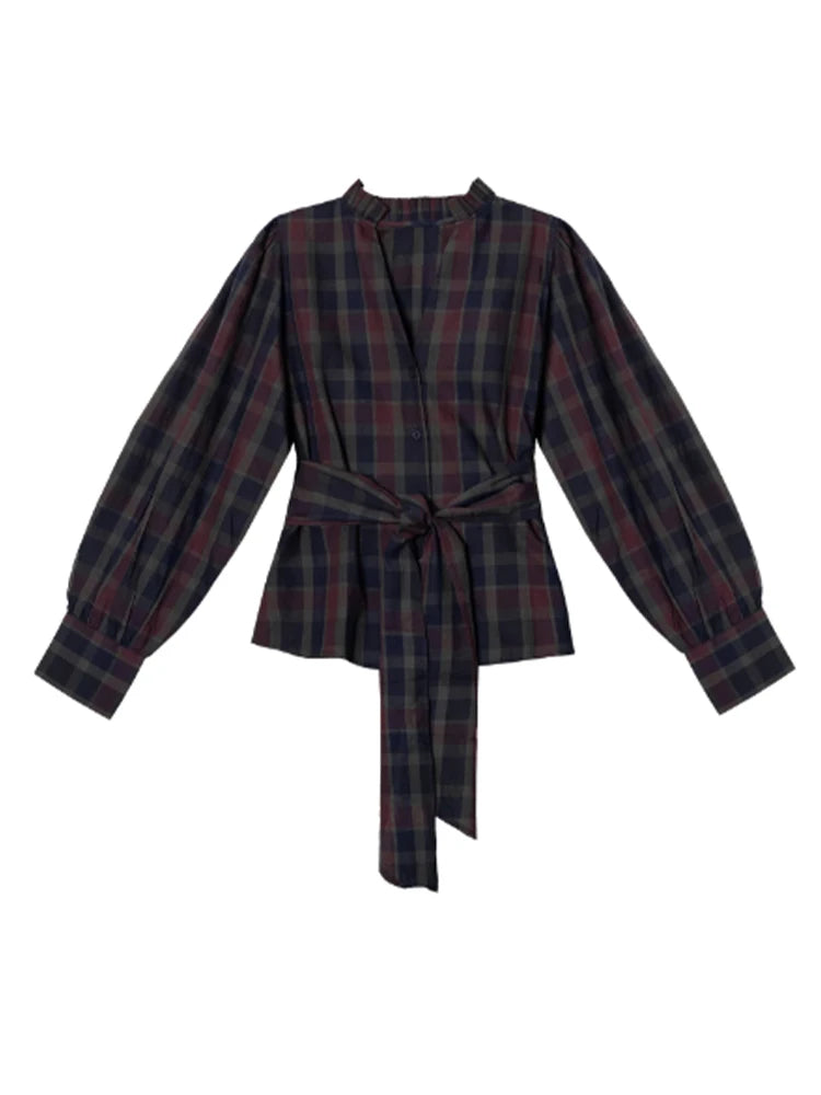 Women Chic Lace Up Checkered Skirt Suit Elegant V-neck Long Lantern Sleeve Top Long Skirts Set 2026 Spring Lady Commute outfits