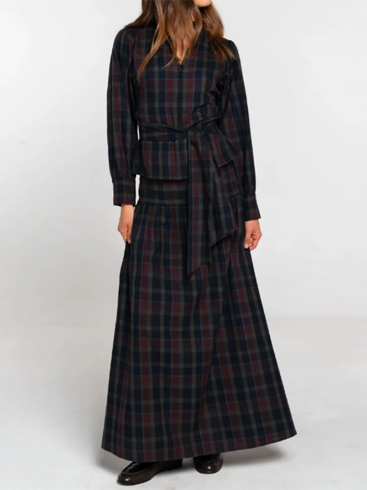 Women Chic Lace Up Checkered Skirt Suit Elegant V-neck Long Lantern Sleeve Top Long Skirts Set 2026 Spring Lady Commute outfits