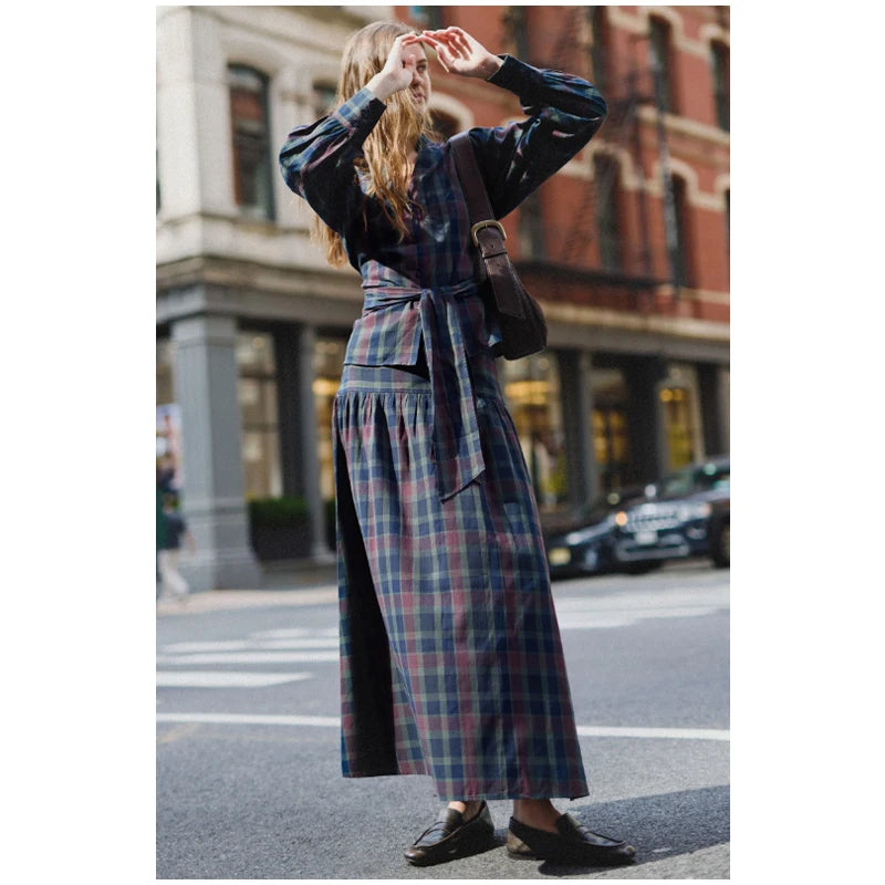 Women Chic Lace Up Checkered Skirt Suit Elegant V-neck Long Lantern Sleeve Top Long Skirts Set 2026 Spring Lady Commute outfits