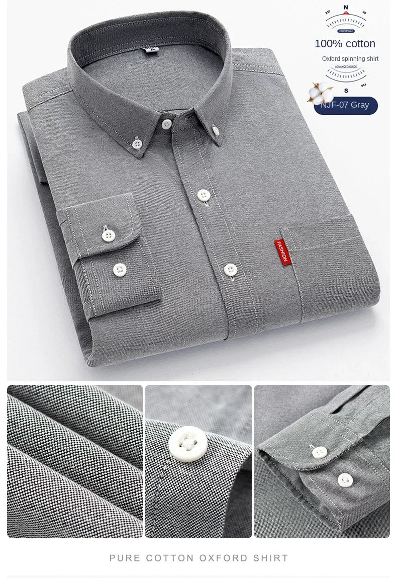 100% Pure Cotton Men's Solid Color Long Sleeve Shirt Youth Casual Cotton Oxford Spun Large Size Shirt Men's