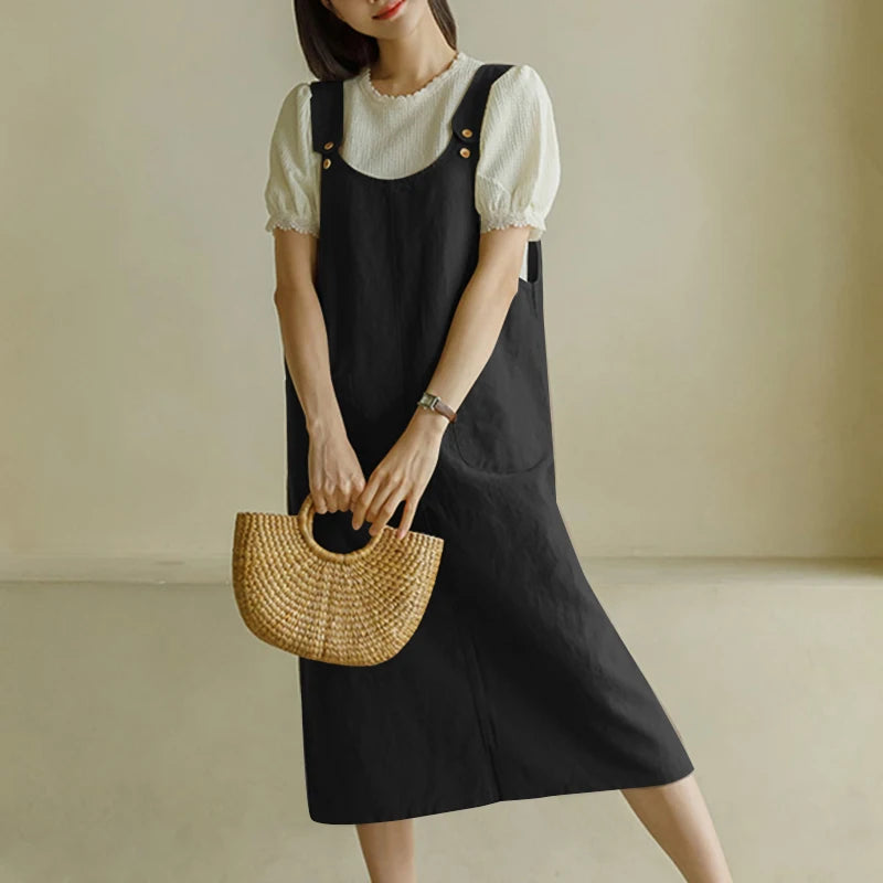 ZANZEA Women Tank Long Dress 2024 Summer Sleeveless Pockets Robe Casual Loose Adjust Suspender Sundress Fashion Solid Midi Dress