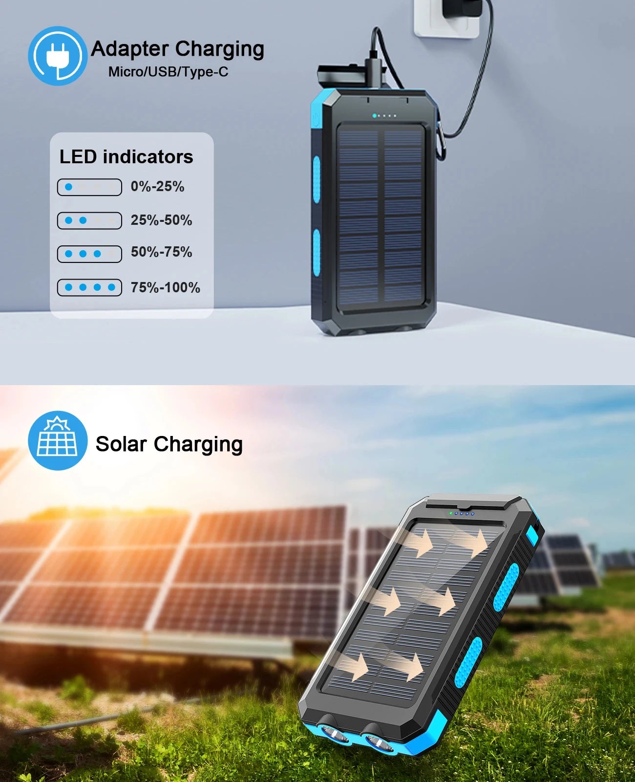 Gaiaray Dual USB Travel Large Capacity LED Lighting 30000mAh Solar Power Bank Camping Spare Power Outdoor Waterproof Power Bank