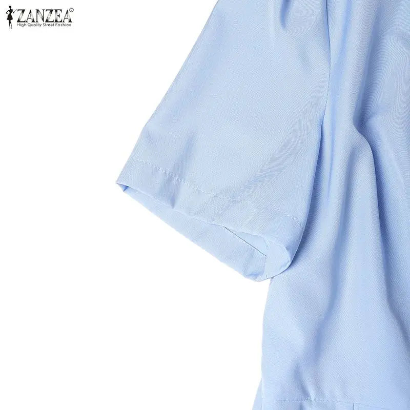 ZANZEA Elegant Office Lady Dresses Women 2026 Summer Dress Stylish A Line Waisted Party Sundress Short Sleeve Pleated Midi Robe