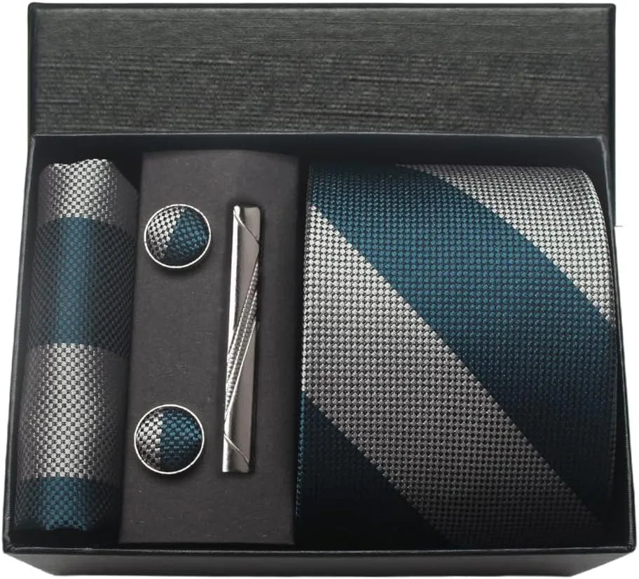 Classic 100% Silk Men's Ties In Gift box 8cm Plaid Dot Striped Business Necktie Handkerchief Cufflinks Wedding Party Tie Set