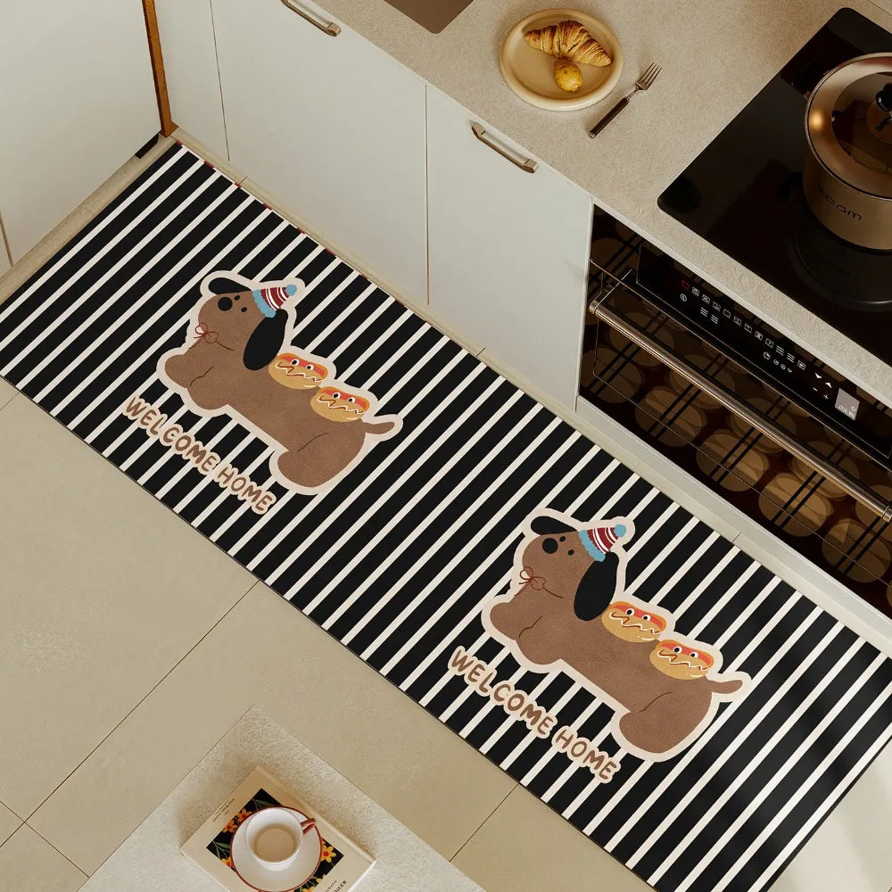 Cartoon Dog Kitchen Carpet Mat Non-slip Rug Home Decoration Striped Pattern Welcome Home Funny Floor Mat for Kitchen Decor