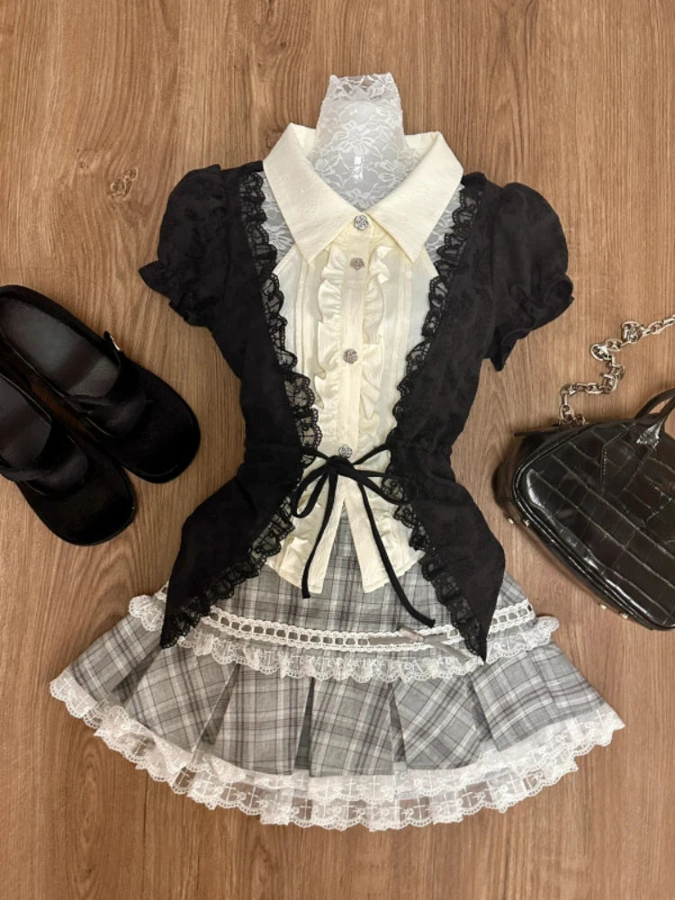 Fashion Sweet Lace Short Sleeve 2 Piece Set Women Design Chic Lapel Bow Patchwork Tops + High Waist Slim Plaid Short Skirt New