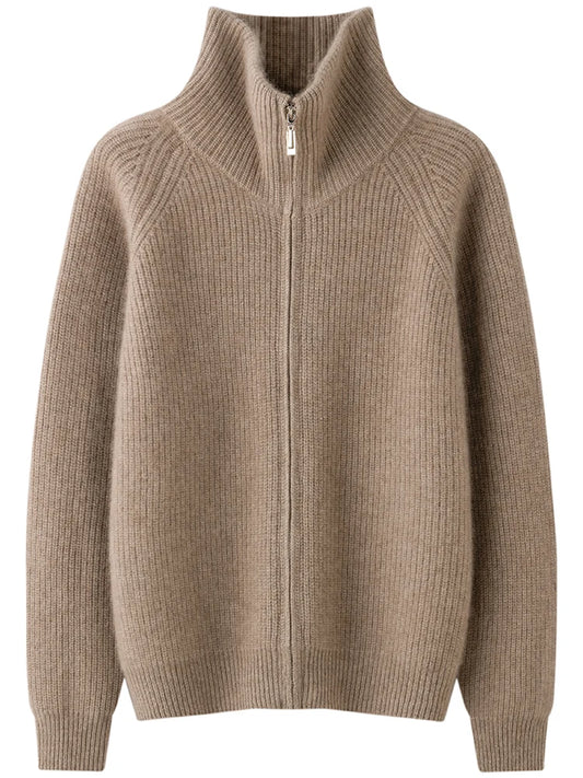Autumn and winter women's clothing 100% pure cashmere collar thick knit zipper cardigan oversized coat sweater long sleeve loose