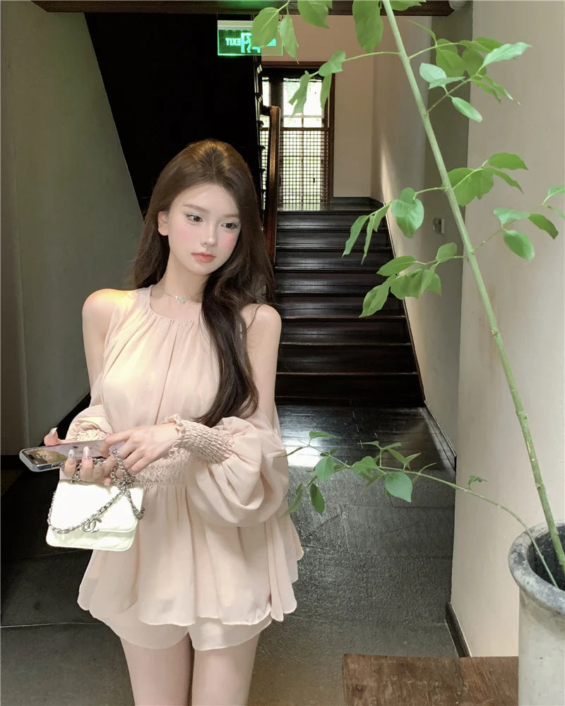 oulder Bared Bubble Sve High Waist ort Set Women's Faion 2025 Autumn Spring Chiffon Top And orts Two Piece Set