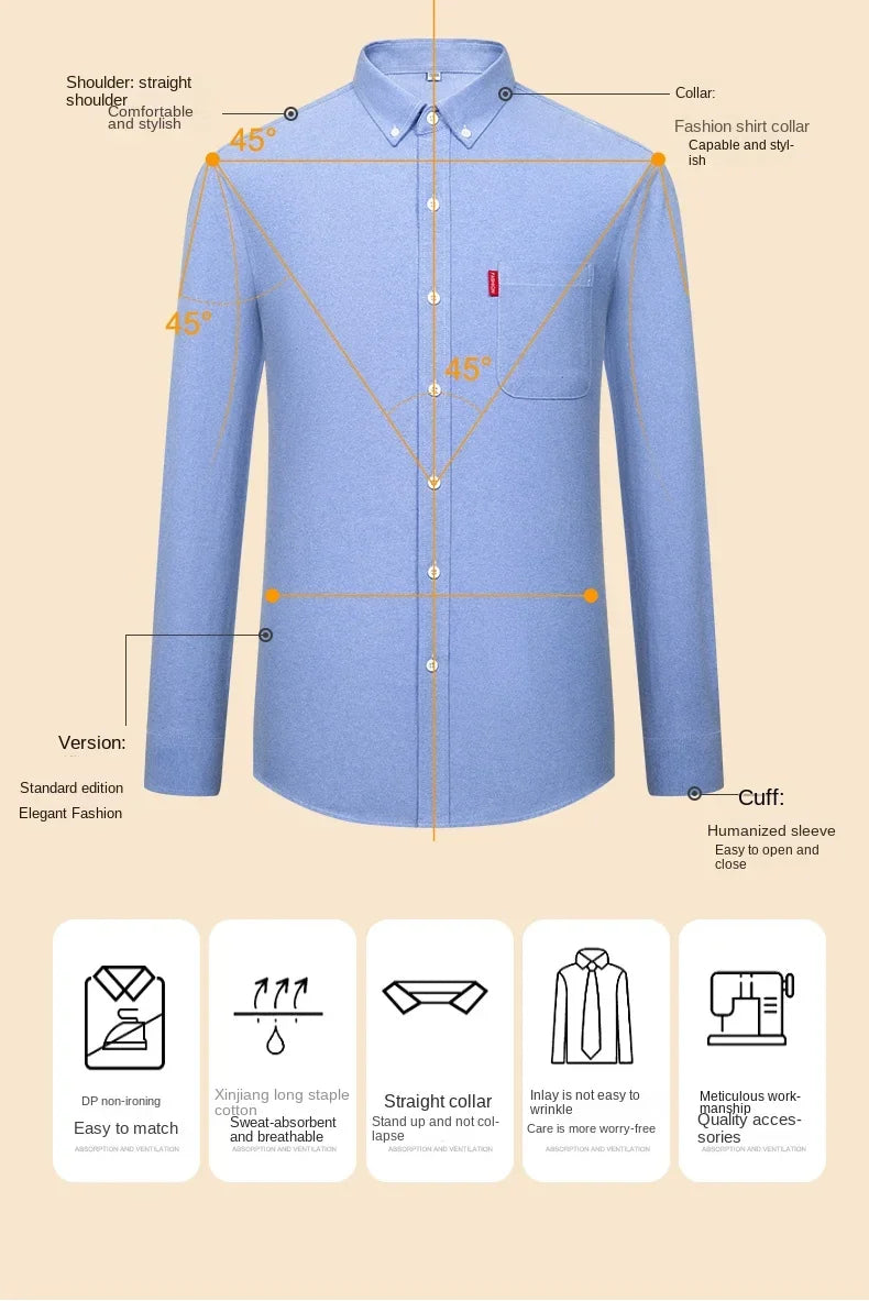 100% Pure Cotton Men's Solid Color Long Sleeve Shirt Youth Casual Cotton Oxford Spun Large Size Shirt Men's