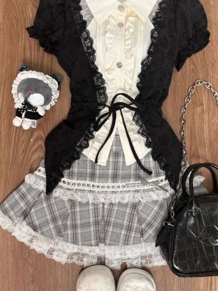 Fashion Sweet Lace Short Sleeve 2 Piece Set Women Design Chic Lapel Bow Patchwork Tops + High Waist Slim Plaid Short Skirt New