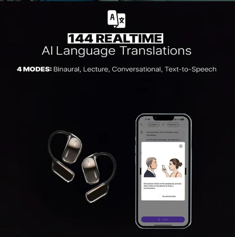 UYUXIO AI Language Translation Earbuds Real Time LCD Touch Screen Open Ear Wireless Headphone with 144 Language for Business