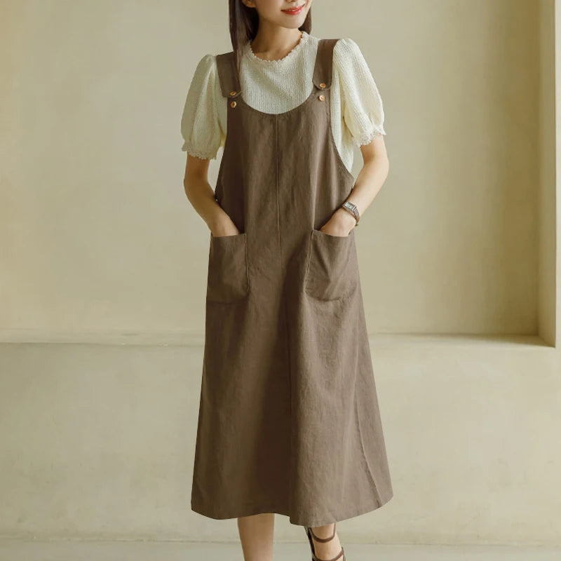 ZANZEA Women Tank Long Dress 2024 Summer Sleeveless Pockets Robe Casual Loose Adjust Suspender Sundress Fashion Solid Midi Dress
