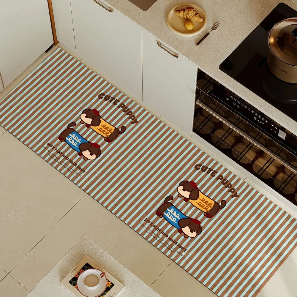 Cartoon Dog Kitchen Carpet Mat Non-slip Rug Home Decoration Striped Pattern Welcome Home Funny Floor Mat for Kitchen Decor