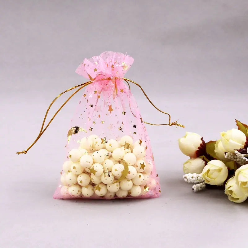 100PCS Moon Stars Drawstring Organza Bags Jewelry Gift Bags Pouches Gold Star Organza Pouches for Christmas Wedding Gift Bags