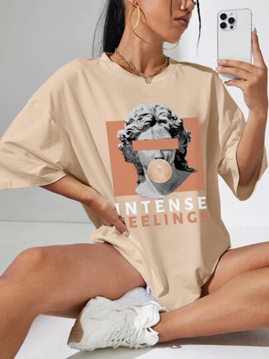2025 Summer Loose Women's T-Shirt High Quality O Neck Sculpture Letter Pattern Short Sleeve Women's Short Sleeve T-Shirt CCXX120