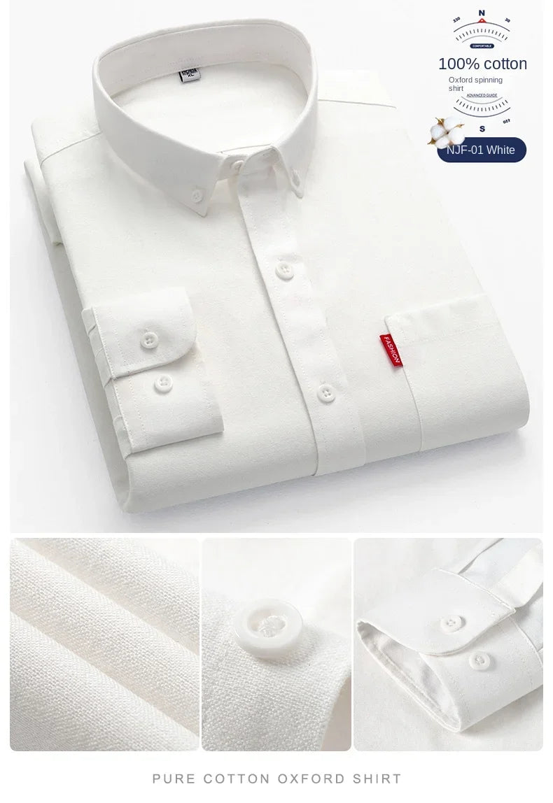 100% Pure Cotton Men's Solid Color Long Sleeve Shirt Youth Casual Cotton Oxford Spun Large Size Shirt Men's