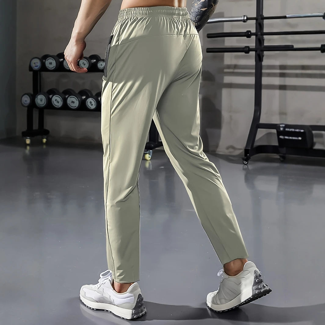 [Home Relaxation] Men's Casual Sports Pants, High Stretch Woven Fabric, Solid Color, Regular Fit with Drawstring Waist and Zippe