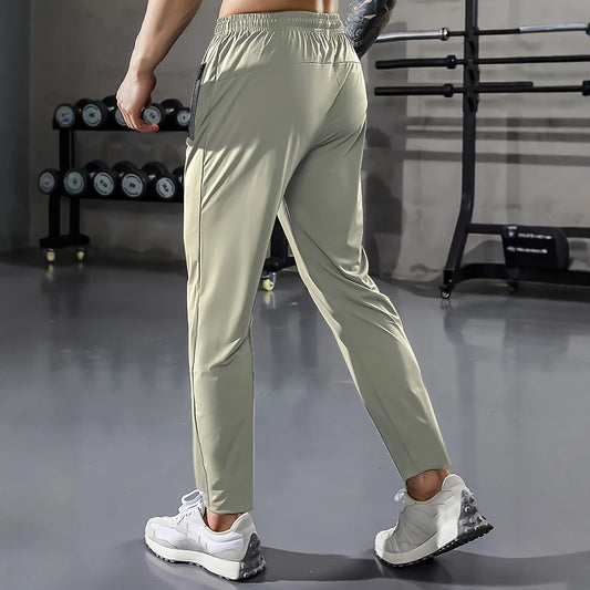 [Home Relaxation] Men's Casual Sports Pants, High Stretch Woven Fabric, Solid Color, Regular Fit with Drawstring Waist and Zippe