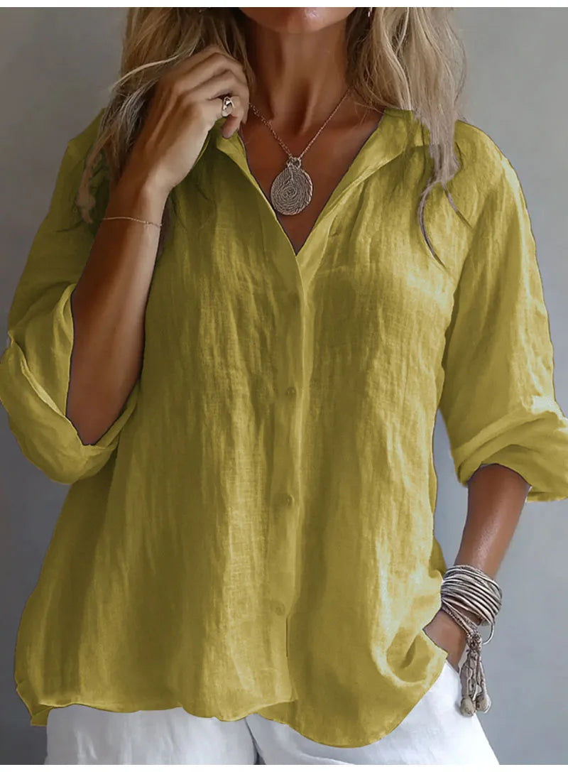 Casual Linen Long Sleeve Blouse Women 2025 Summer Fashion Turn-down Collar Loose Shirts White Blouses Femme Tops Elegant
