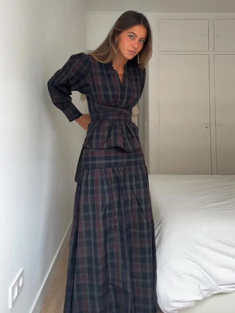 Women Chic Lace Up Checkered Skirt Suit Elegant V-neck Long Lantern Sleeve Top Long Skirts Set 2026 Spring Lady Commute outfits