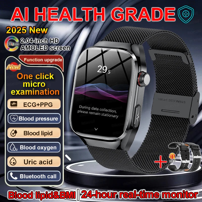 2025 New ECG+PPG Clock Smartwatch Men Uric Acid Blood Pressure Blood Oxygen Body Analysis Heart Health Monitor Smart Watch lady