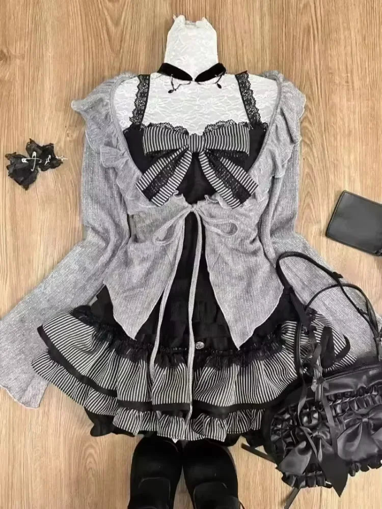 Japanese Sweet Preppy Style 2 Piece Set Women Kawaii Lace Patchwork Bow Tops + Y2k Plaid Mini Skirt Elegant Fashion Outifits New