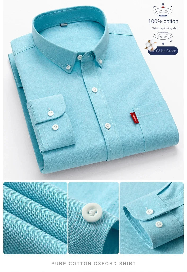 100% Pure Cotton Men's Solid Color Long Sleeve Shirt Youth Casual Cotton Oxford Spun Large Size Shirt Men's
