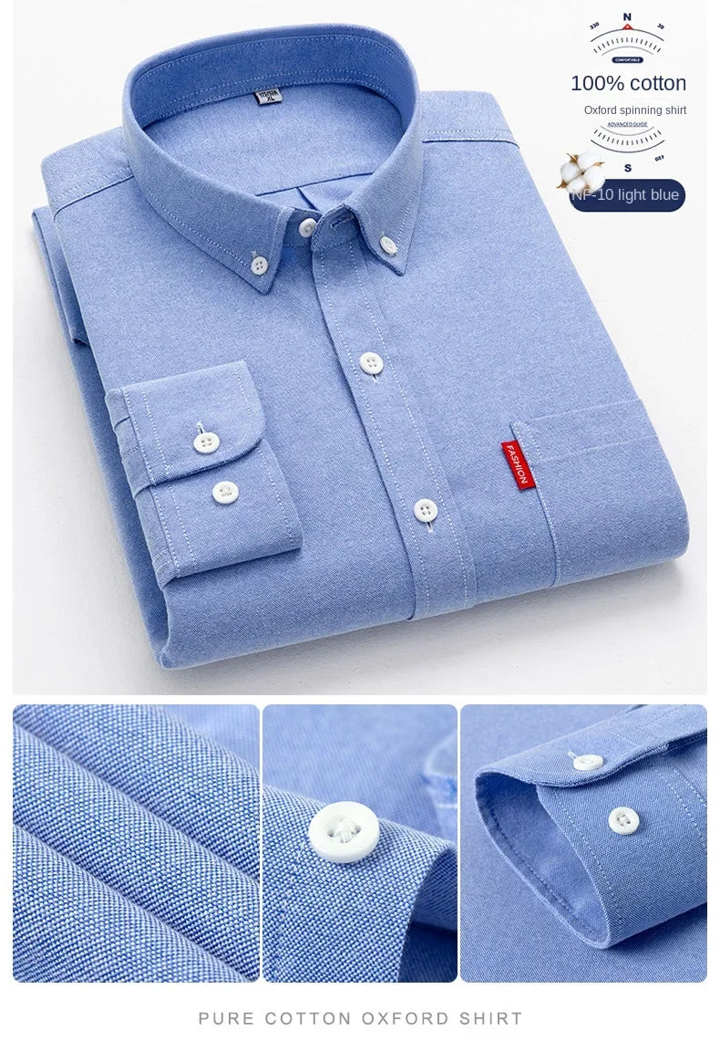 100% Pure Cotton Men's Solid Color Long Sleeve Shirt Youth Casual Cotton Oxford Spun Large Size Shirt Men's