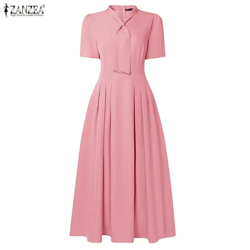 ZANZEA Elegant Office Lady Dresses Women 2026 Summer Dress Stylish A Line Waisted Party Sundress Short Sleeve Pleated Midi Robe