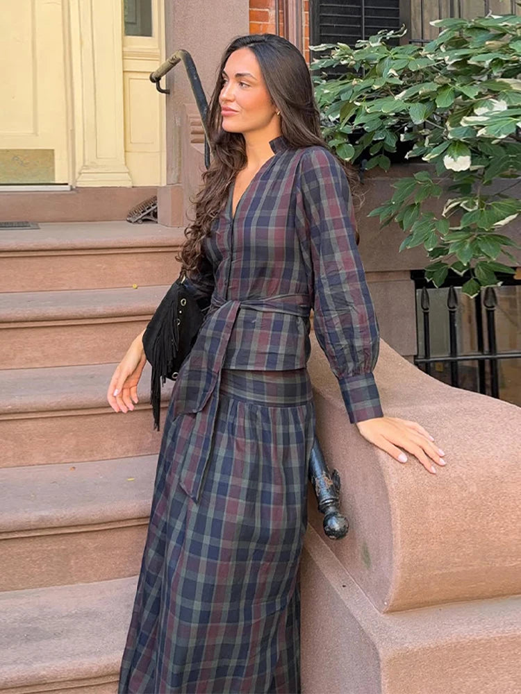 Women Chic Lace Up Checkered Skirt Suit Elegant V-neck Long Lantern Sleeve Top Long Skirts Set 2026 Spring Lady Commute outfits