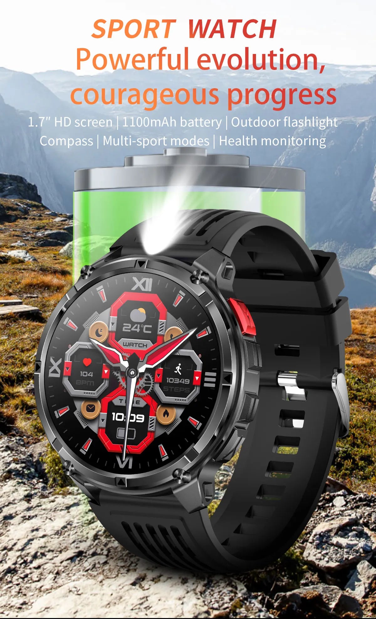 New T-Rex3 1100mAh Large Battery Durable Adult Smart Watch 1.7-inch GPS trackr Compass 5ATM Waterproof BT Call Sports Smartwatch
