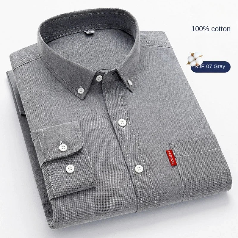 100% Pure Cotton Men's Solid Color Long Sleeve Shirt Youth Casual Cotton Oxford Spun Large Size Shirt Men's