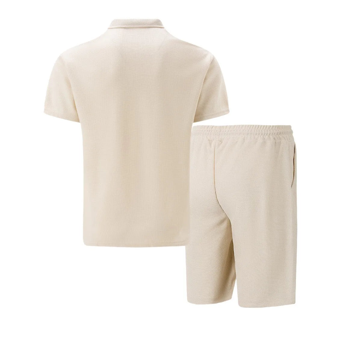 2025 Men Europe and the United States new summer Waffle solid color zip-up lapel short-sleeve suit shorts two sets